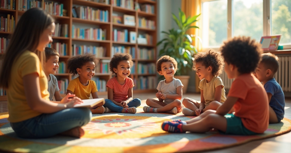 Niños sentados en círculo escuchando una narración en una biblioteca escolar