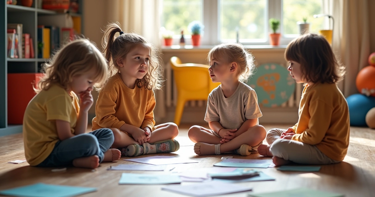 Niños juntos pensando en ideas en un espacio de juegos colorido 