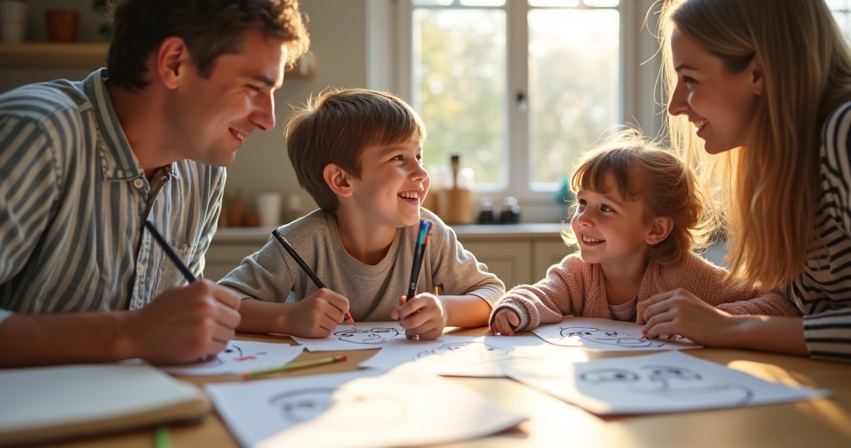 Niños usando dibujos para comunicar emociones en familia 