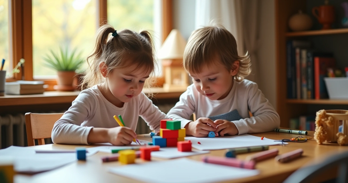 Niños dibujando y construyendo juntos en una mesa de madera 