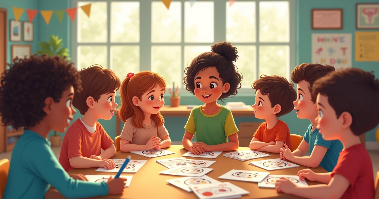 Grupo de niños en aula escolar, sentados en círculo hablando sobre emociones con maestro. 