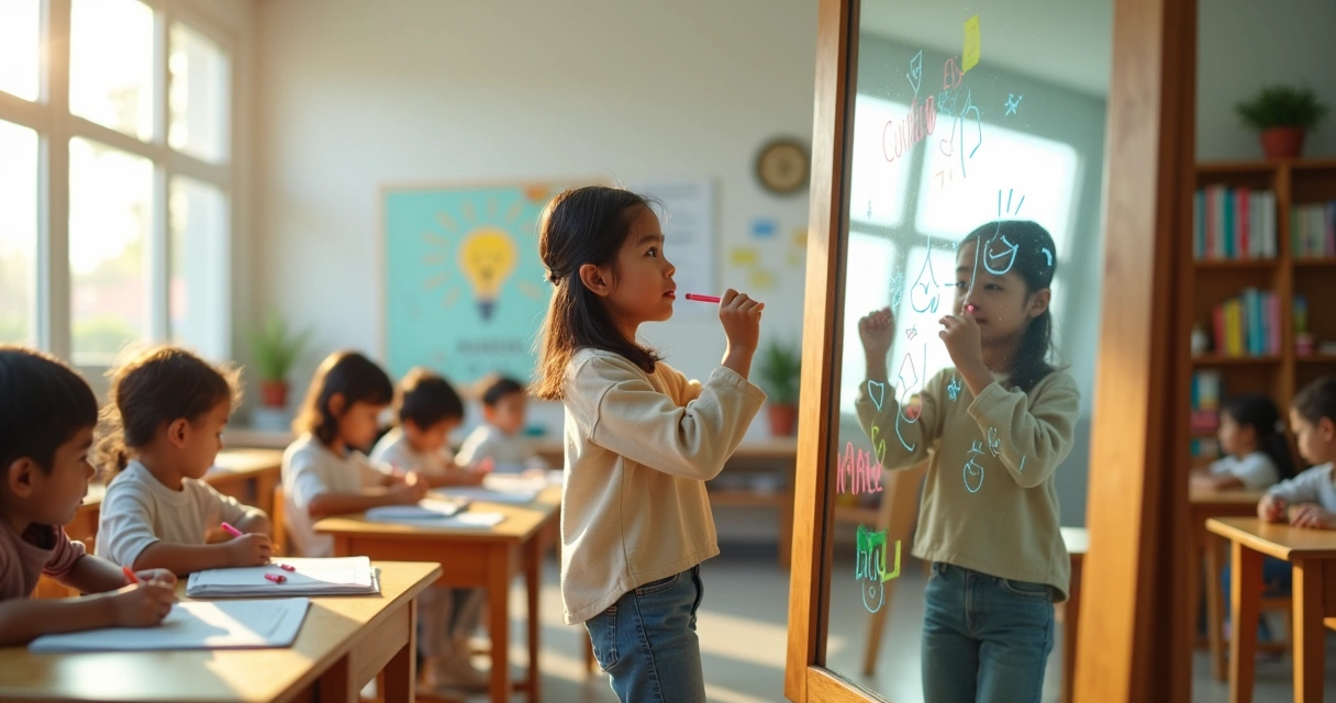 Niño frente a espejo dibujando cualidades positivas en aula escolar luminosa 
