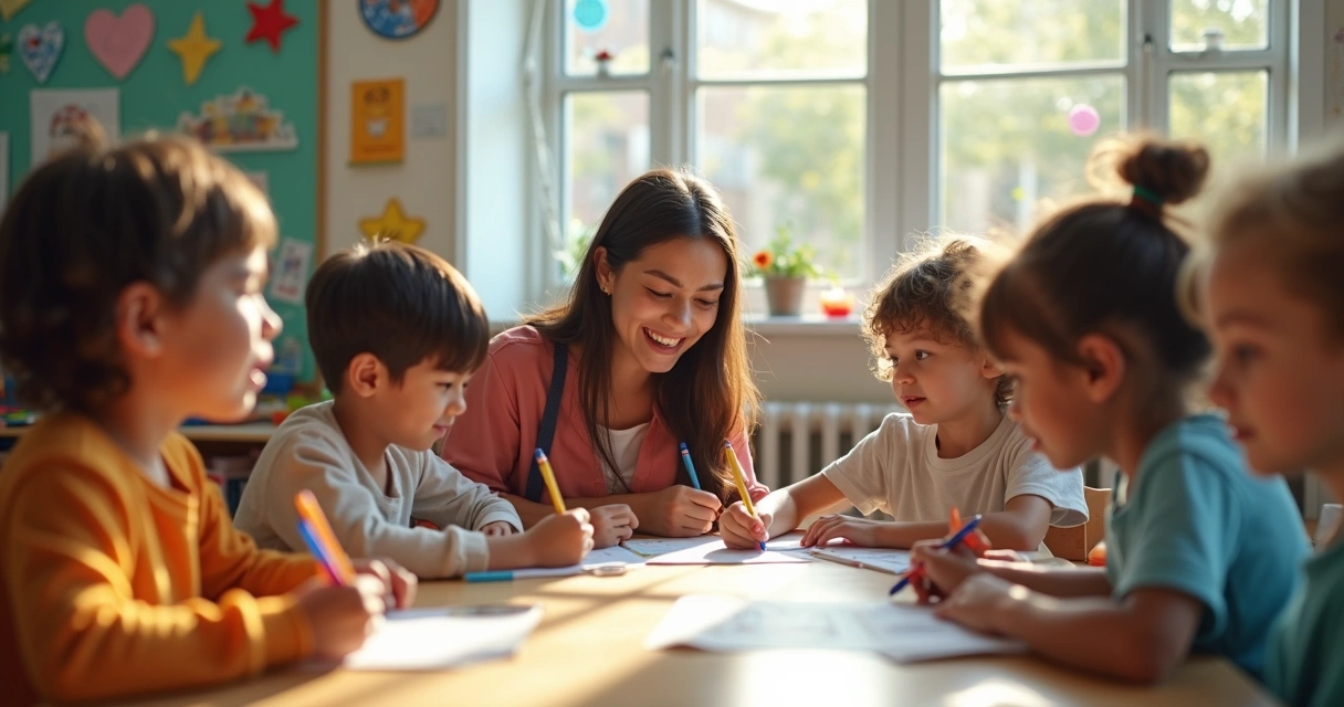 Niños pequeños trabajando juntos en una clase con una maestra atenta 