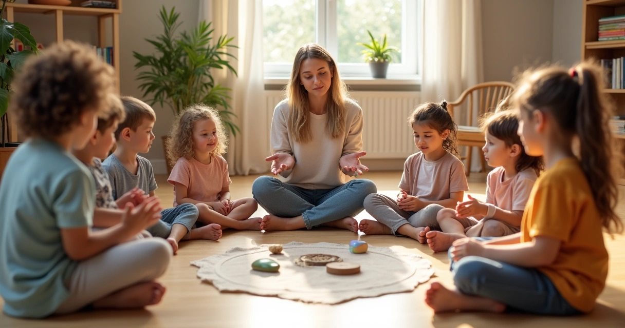 Niños sentados en círculo con una maestra guiando actividad de reflexión consciente 