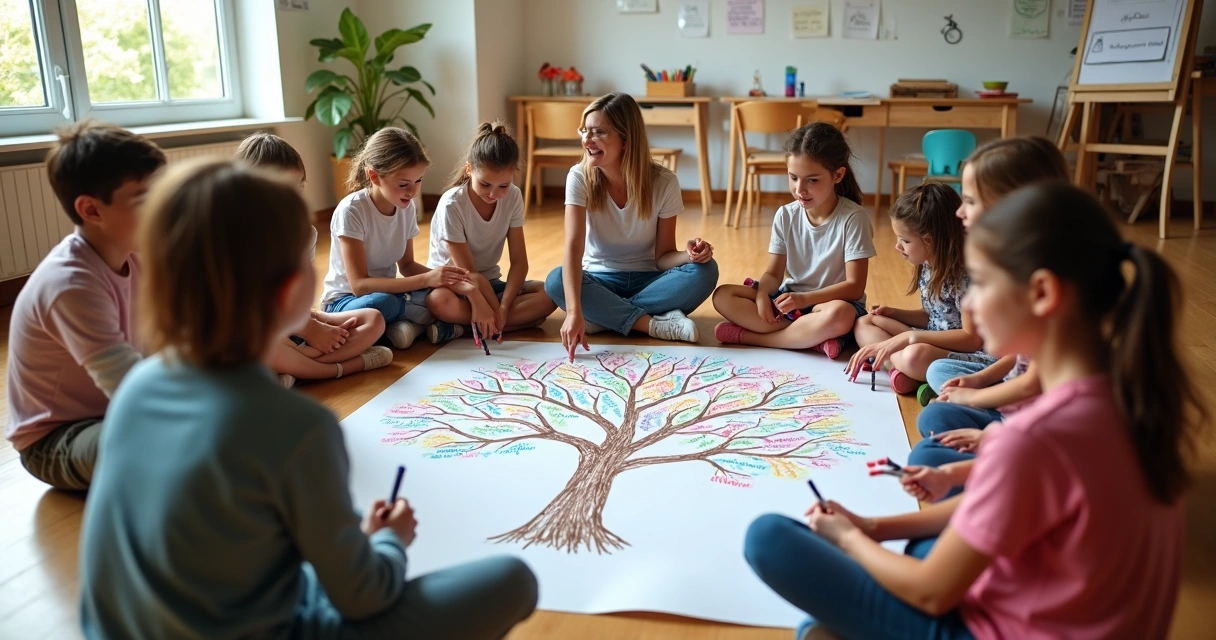 Niños y jóvenes sentados en círculo compartiendo ideas de valores humanos 