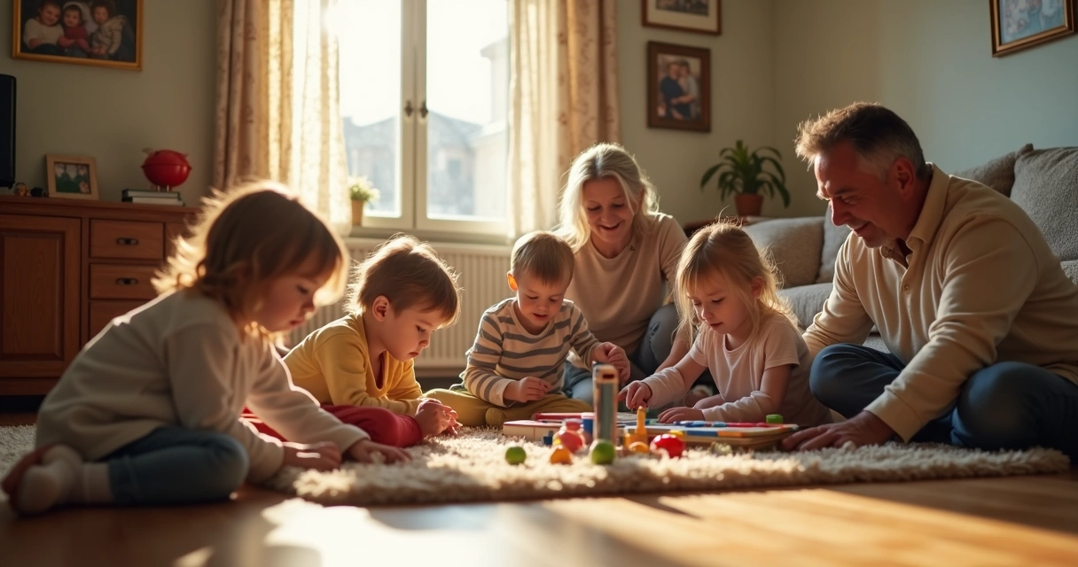 Niños y adultos jugando juntos en la sala de una casa 