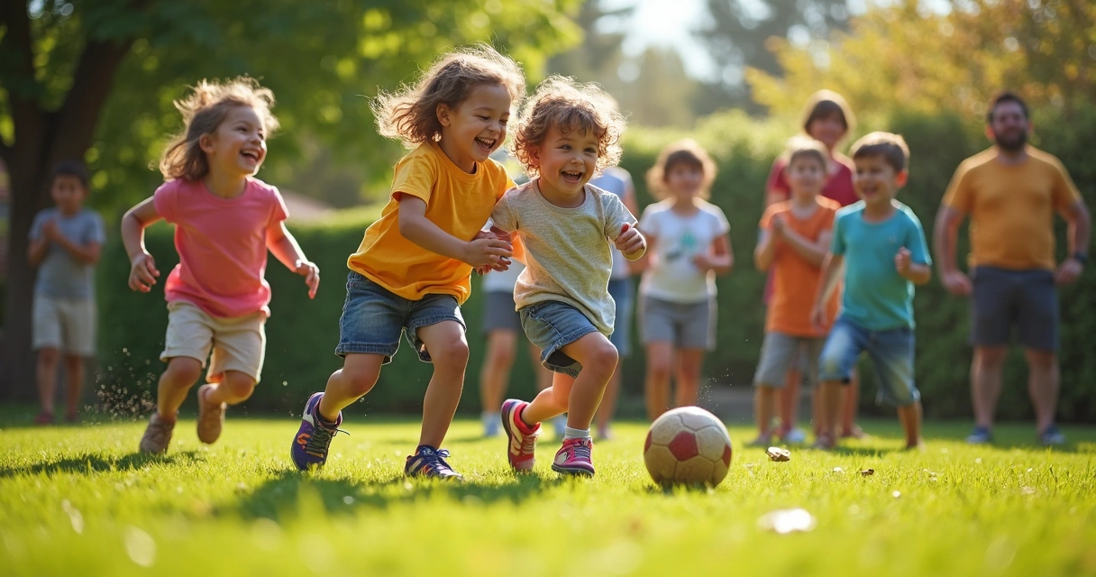 Niños pequeños jugando fútbol en un jardín con padres mirando