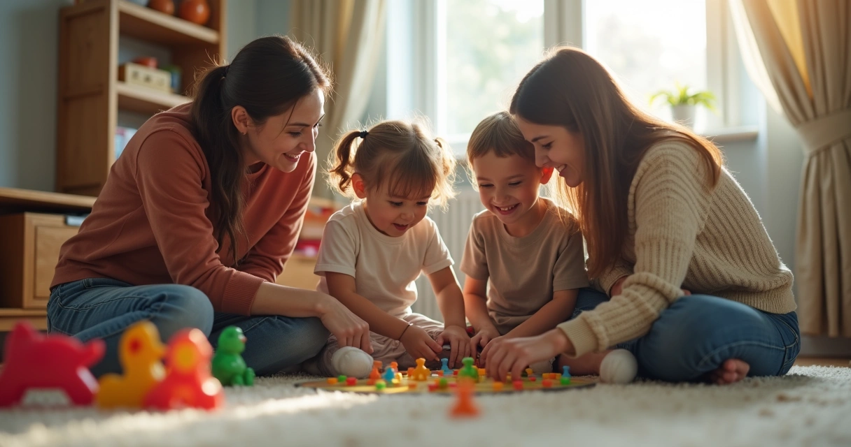 Niños y padres jugando un juego de mesa juntos en casa