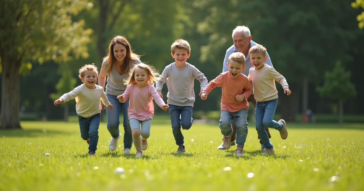 Niños y adultos jugando juntos en un parque
