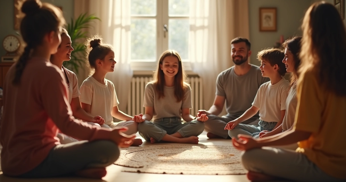 Niños sentados en círculo guiando momento de meditación familiar