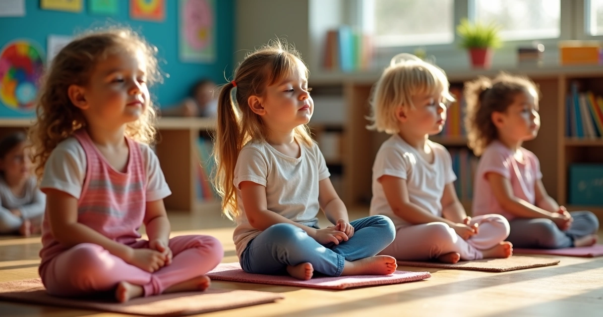 Niños sentados en círculo meditando en el aula