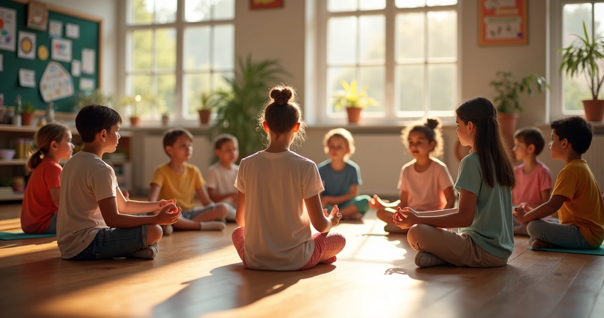 Grupo de niños sentados en círculo meditando en un aula de escuela 