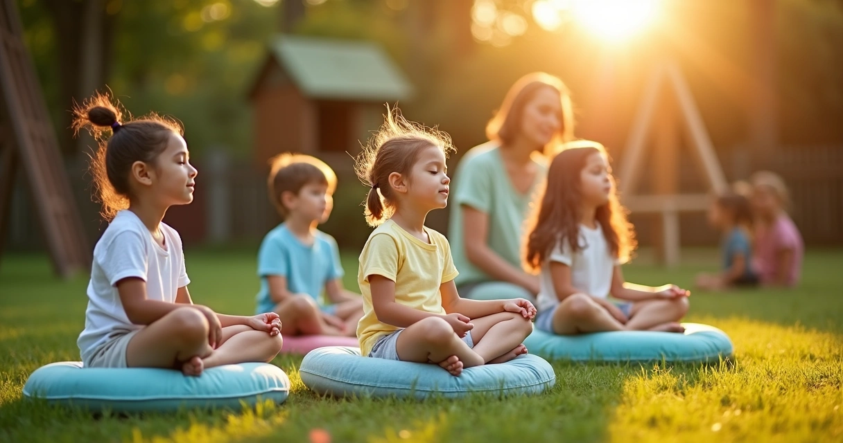 Niños pequeños meditando sentados en jardines de una escuela 