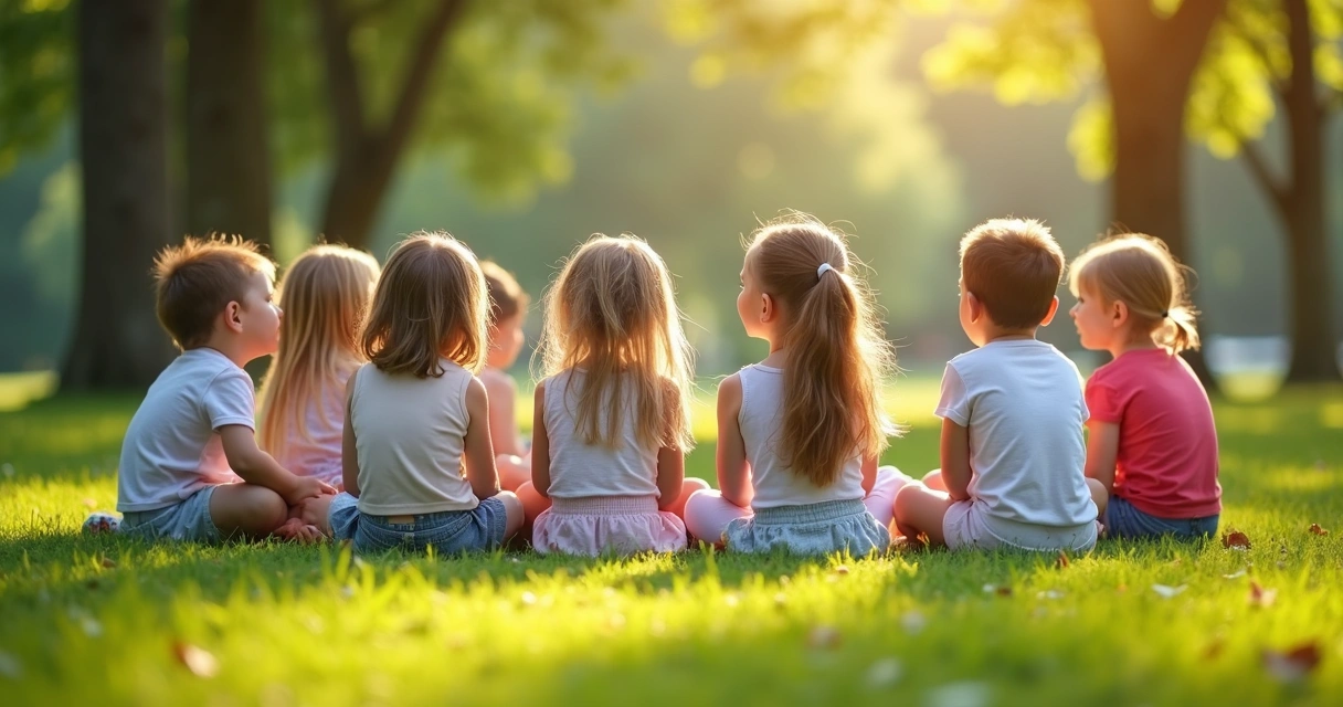 Grupo de niños sentados en círculo meditando en el césped de un parque soleado