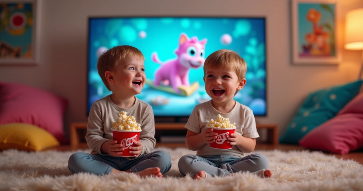 Niños pequeños riendo mientras comen palomitas viendo un dibujo animado 