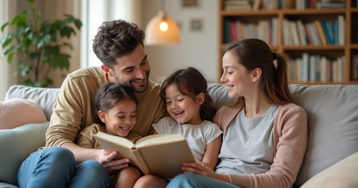 Padres e hijos conversando sentados en la sala sobre emociones 