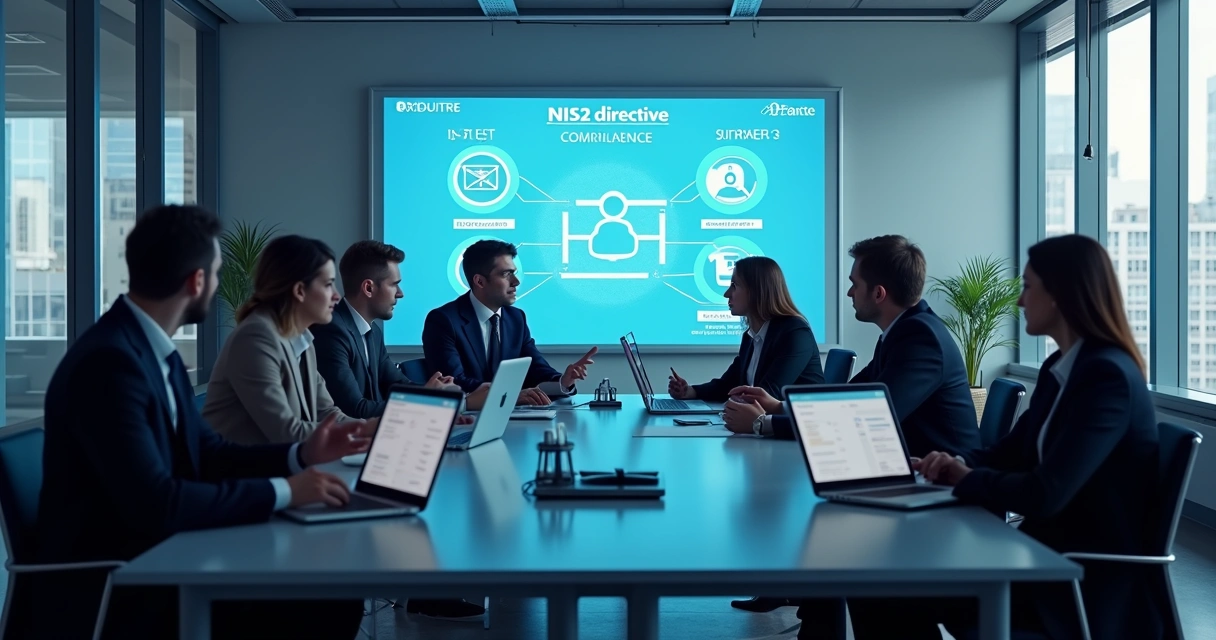 Tech employees in a modern office during a team meeting about cybersecurity 