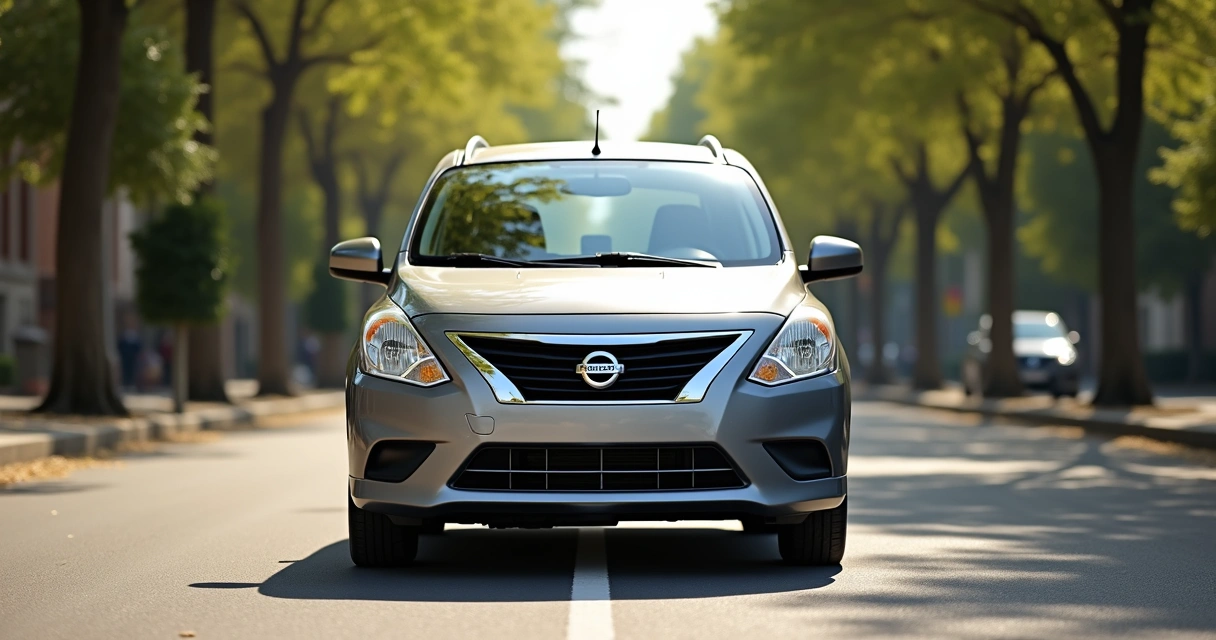 Nissan Versa cinza visto de frente estacionado em avenida