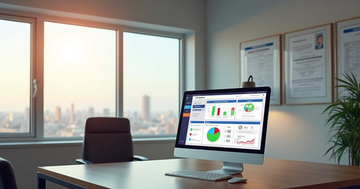 Illustration of a business scorecard with figures showing workers of different nationalities, in a Saudi office setting 