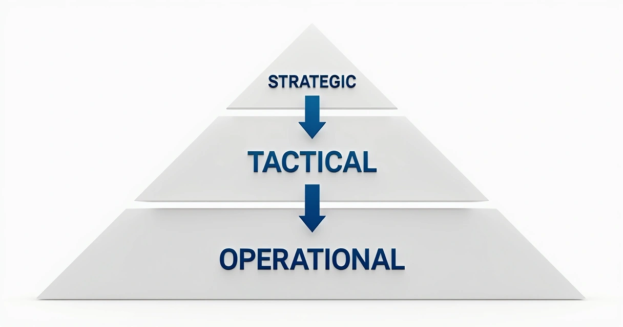 Representação visual dos níveis estratégico, tático e operacional em uma organização 