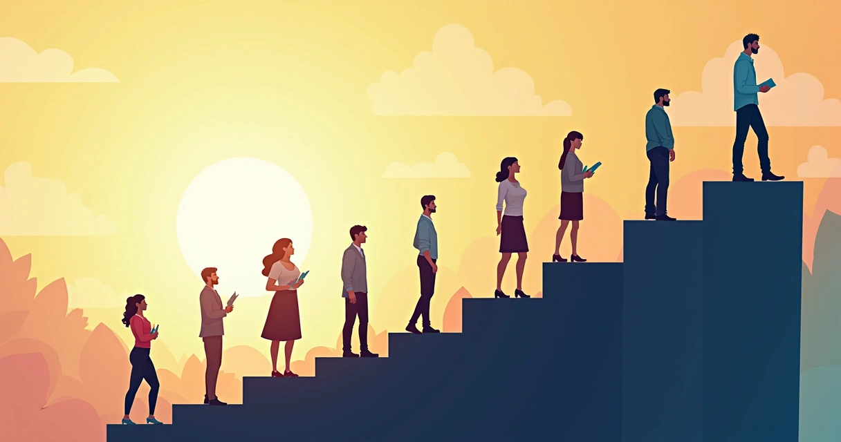 Esquema ilustrando os 7 níveis evolutivos com pessoas subindo degraus 