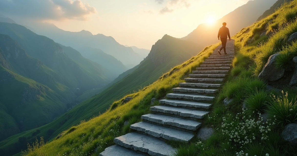Pessoa subindo uma montanha com vários degraus de pedra 