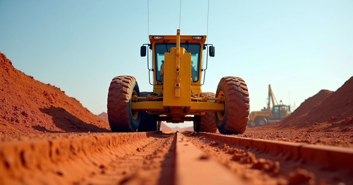 Motoniveladora realizando nivelamento do solo na construção civil
