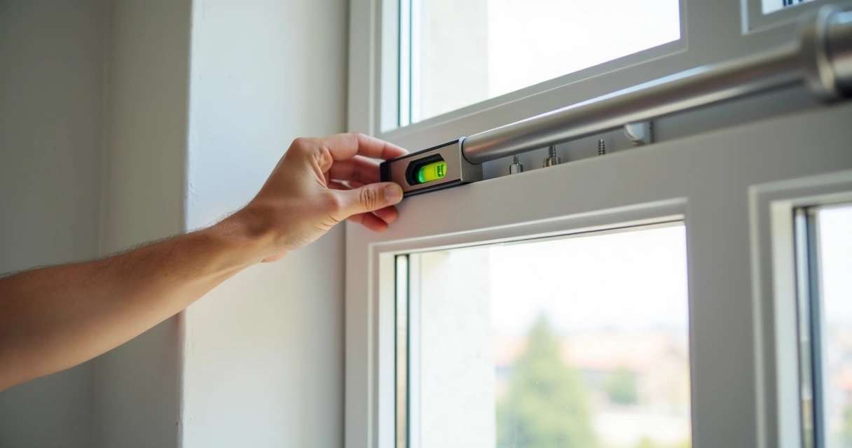 Pessoa usando o nível de bolha para alinhar o trilho da cortina