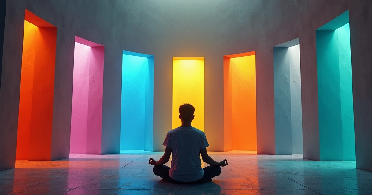 Ser humano meditando frente a varias puertas en distintos tonos 