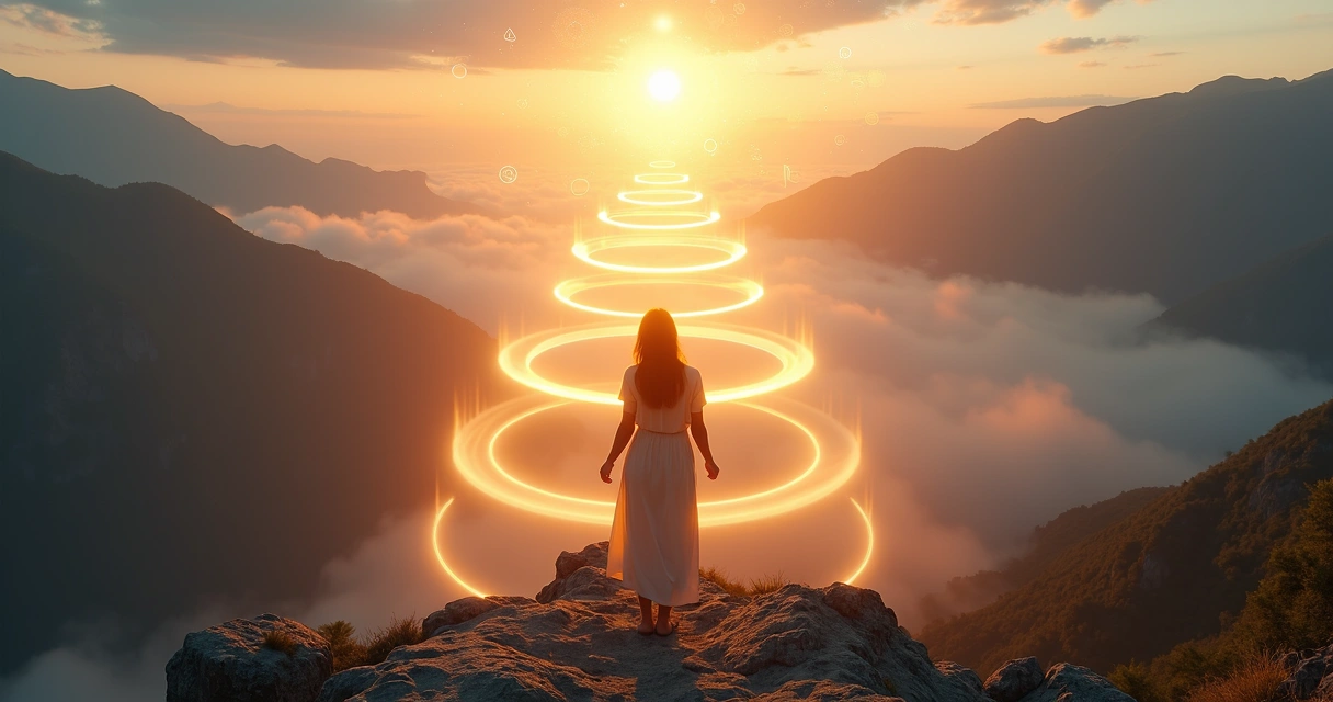 Persona en montaña observando camino en espiral de niveles de evolución 