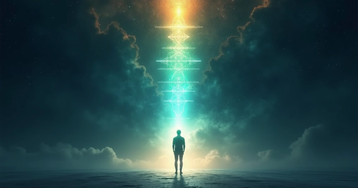 Ilustración de silueta humana frente a siete niveles de luz representando evolución de la consciencia 