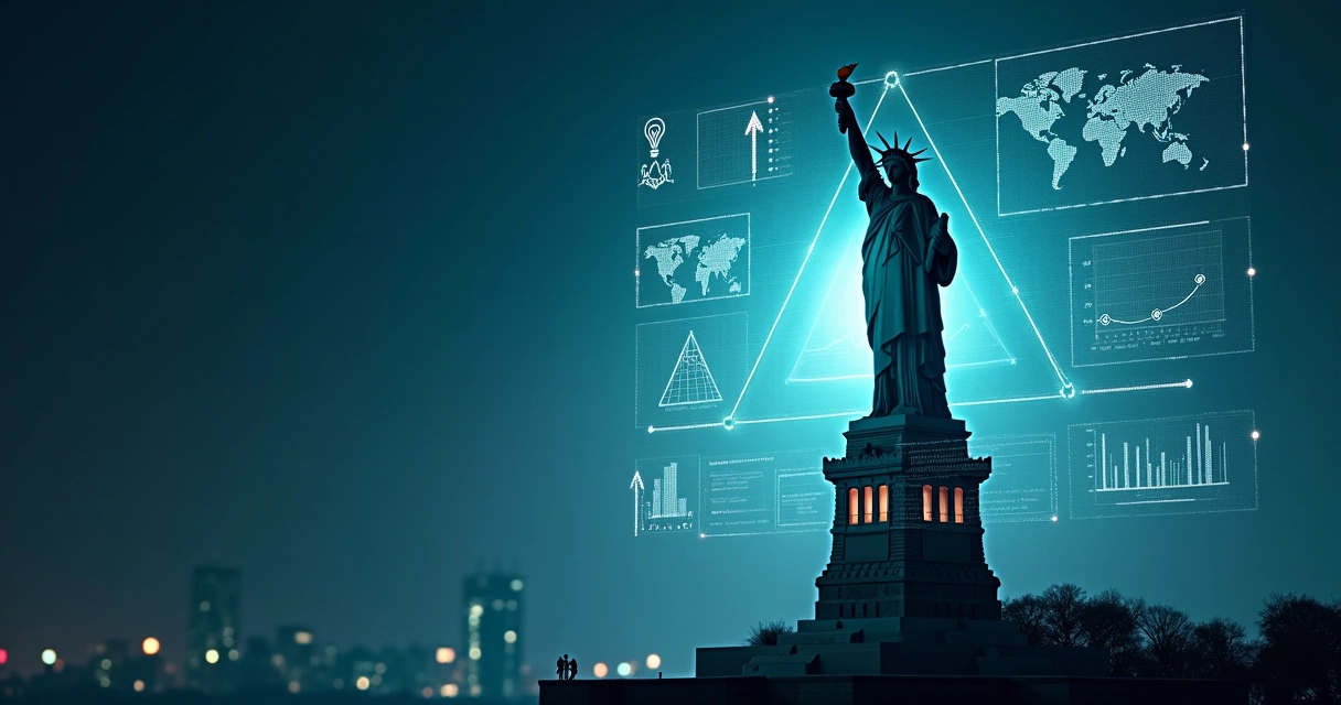 Abstract NIW strategy blueprint layered over Statue of Liberty and business data 
