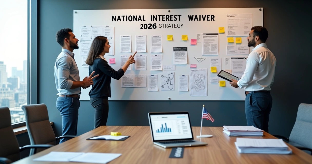 Attorney arranging national interest waiver strategy materials on large wall board 