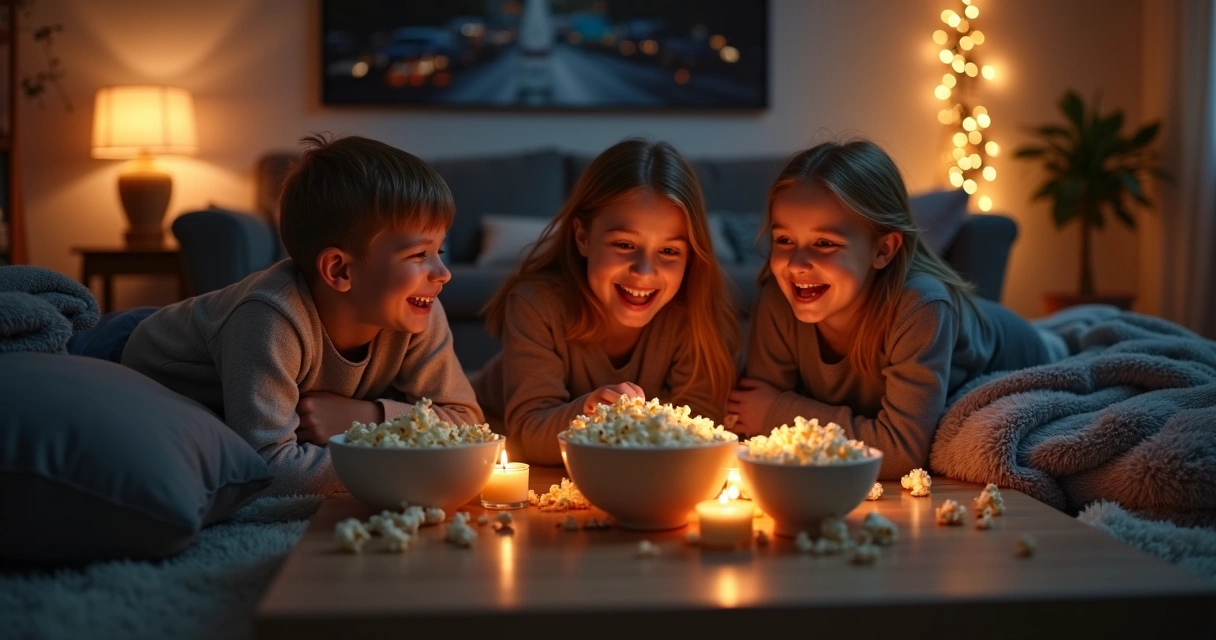 Familia preparando sala de estar para noche de cine 