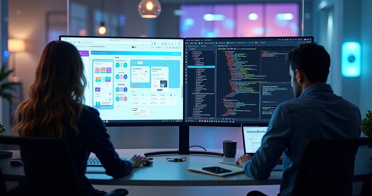 Comparação visual entre no-code e low-code em um painel digital 