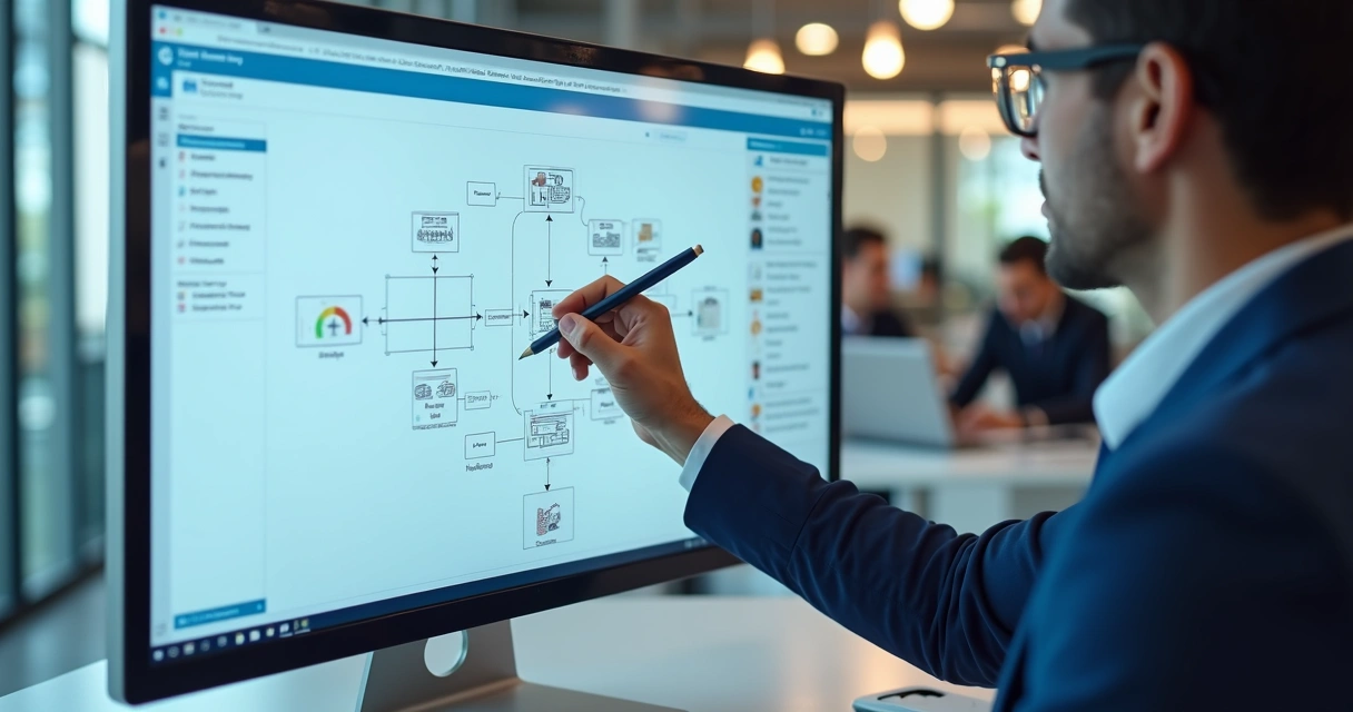 Profissional usando plataforma No-Code para criar fluxo de IA empresarial 