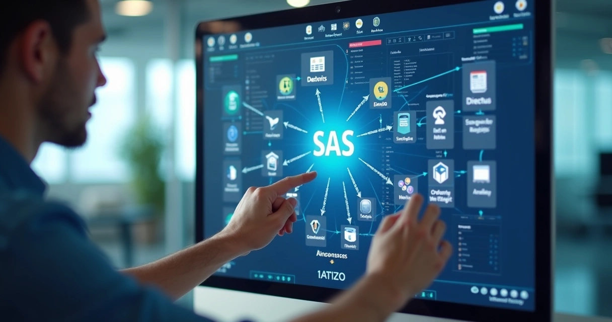 Pessoa utilizando construtor visual de automações em tela grande, conectando blocos de ferramentas SaaS. 