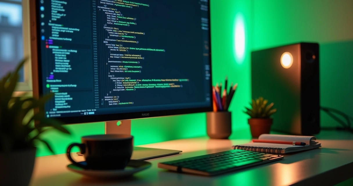 Monitor displays Node.js code in dark workspace