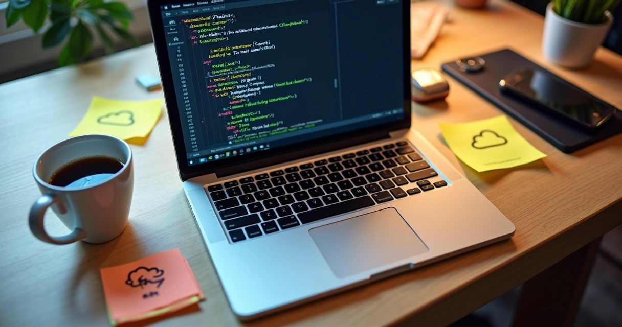 Laptop with Node.js code and cloud diagrams on screen