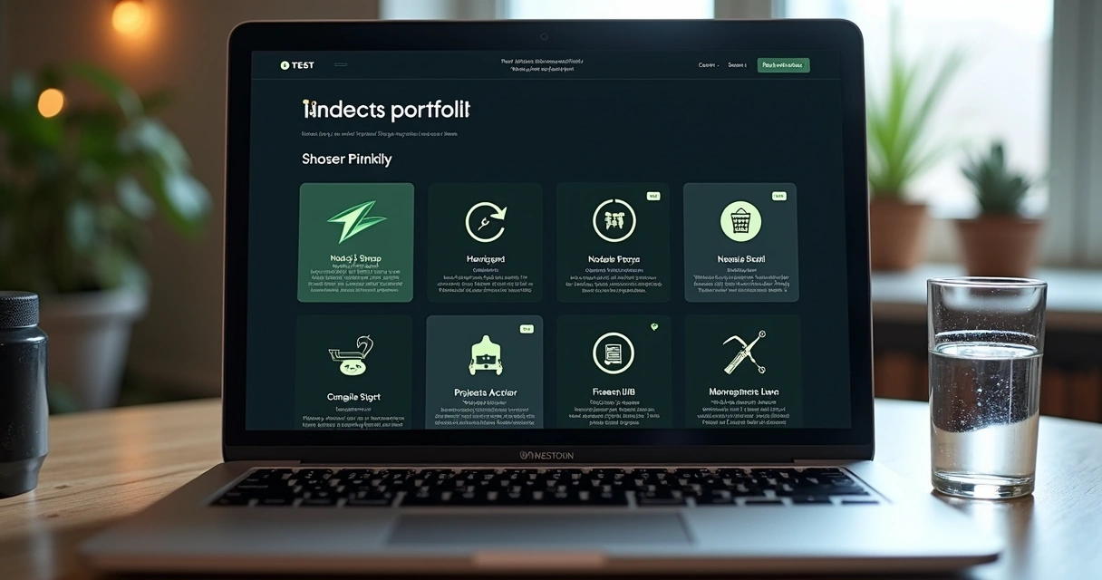 Portfolio screen featuring Node.js project thumbnails