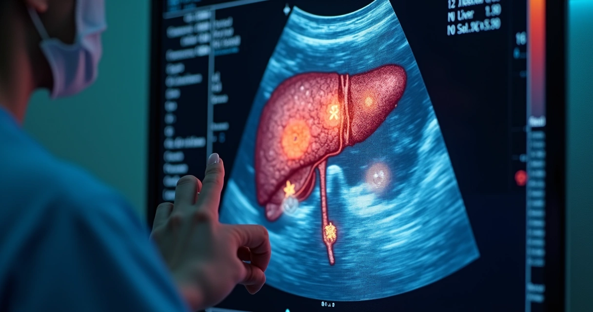 Exame de ultrassonografia mostrando nódulo no fígado 