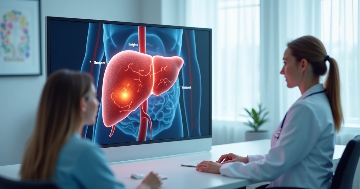 Ilustração médica de fígado humano com nódulos destacados e médica explicando em consultório 