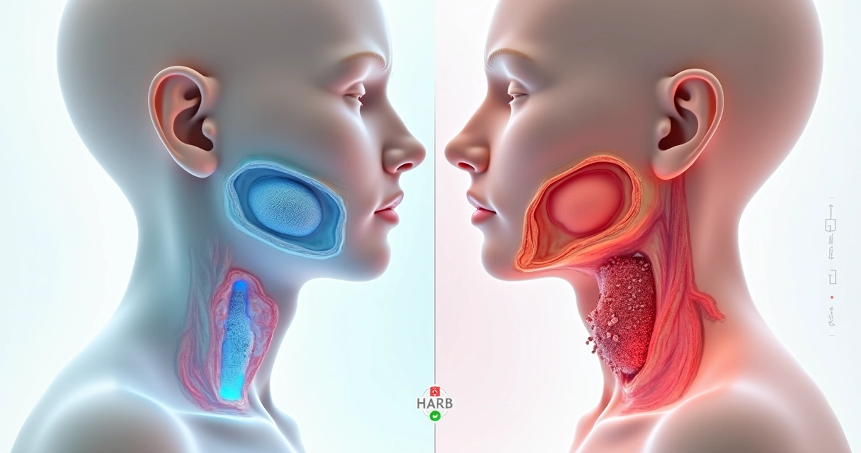 Ilustração comparando nódulos benignos e malignos em glândula do pescoço 
