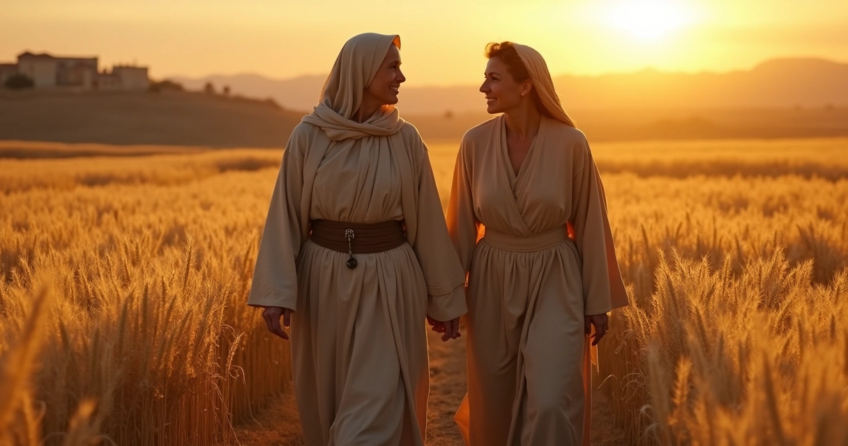 Noemi e Rute caminhando em um campo dourado 