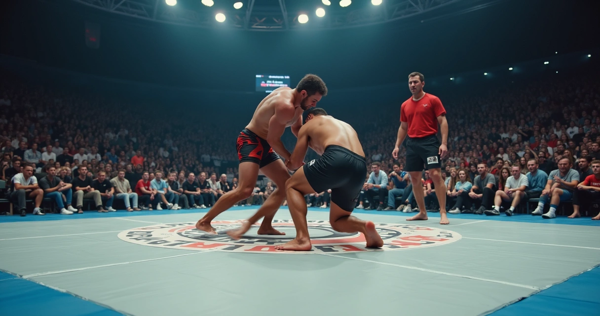 No-gi competitors scrambling on the mat at a tournament.