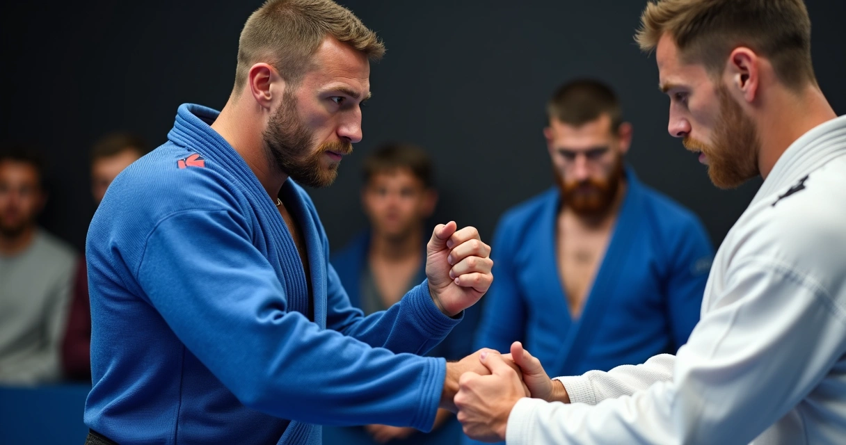 Two grapplers engaged in hand fighting, fighting for wrist control.