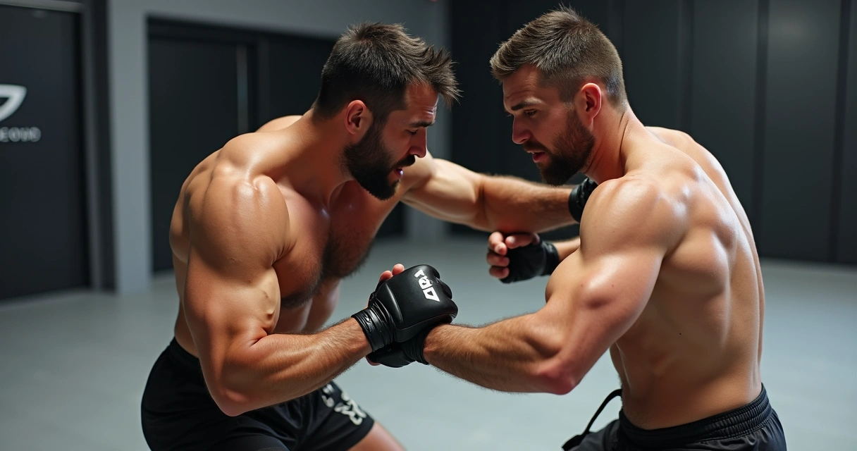 Two athletes sparring in no-gi Brazilian Jiu-Jitsu with intense grips and dynamic movement on a mat