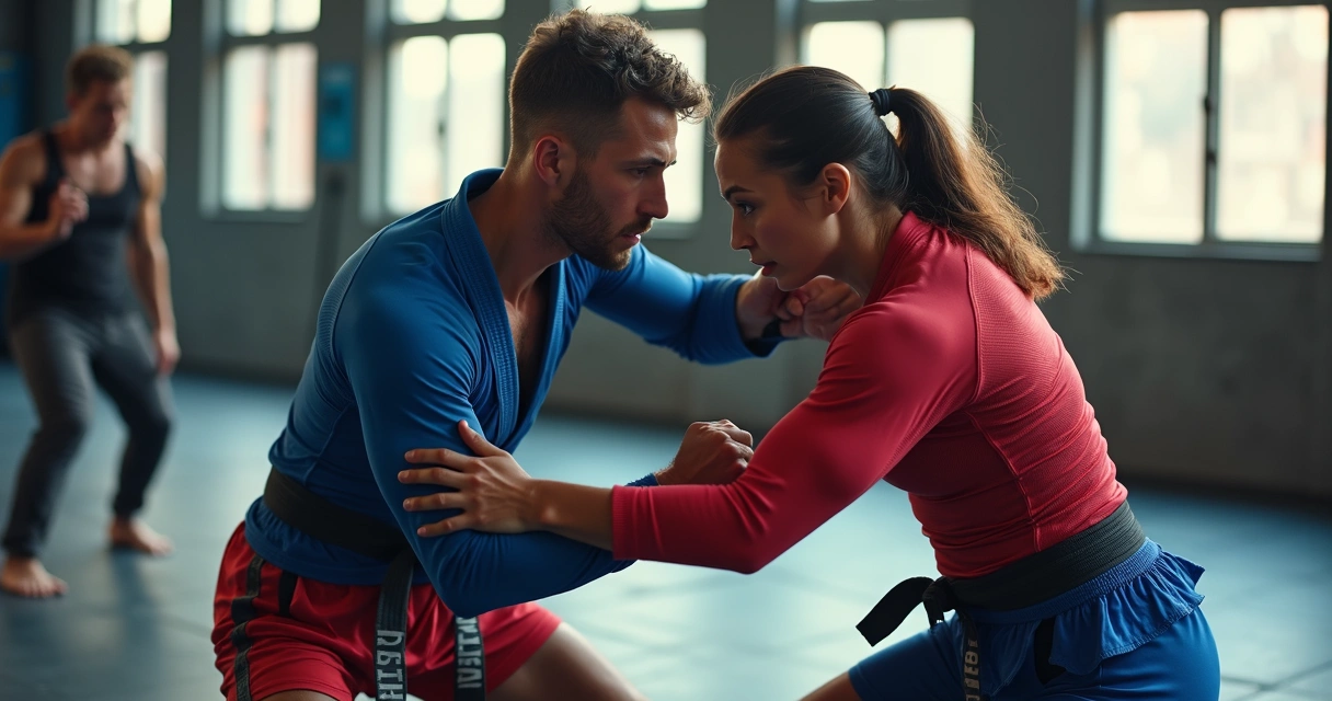 Two athletes training no-gi BJJ with rashguards and shorts on violet mats.