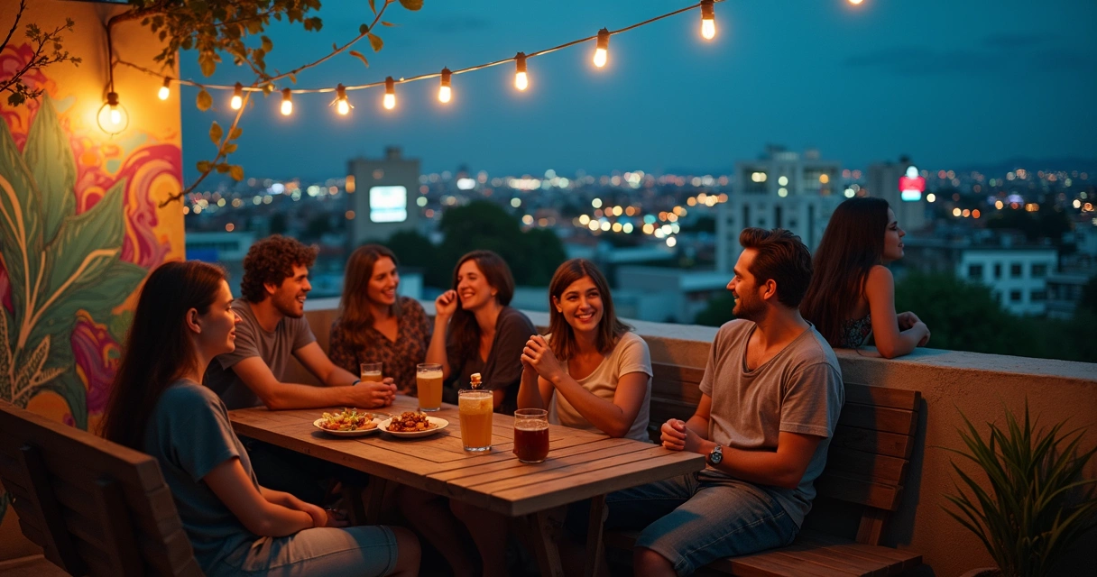 Grupo de amigos em rooftop colorido observando cidade à noite 