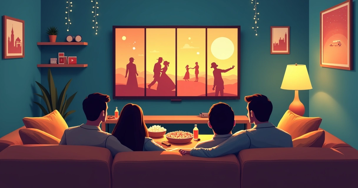 Casal e amigos em sofá assistindo filmes clássicos em TV grande 